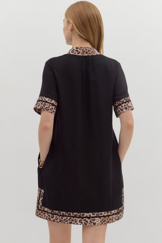 Solid Split Placket Dress w/Leopard Band Trim-Black