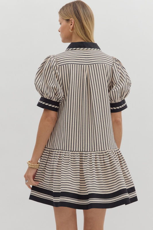 Striped Puff Sleeve Contrast Collar & Hem Dress-Black