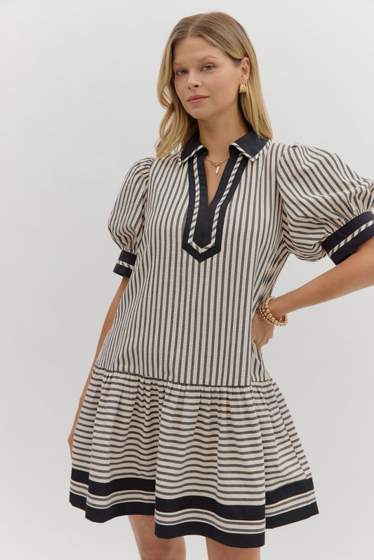 Striped Puff Sleeve Contrast Collar & Hem Dress-Black