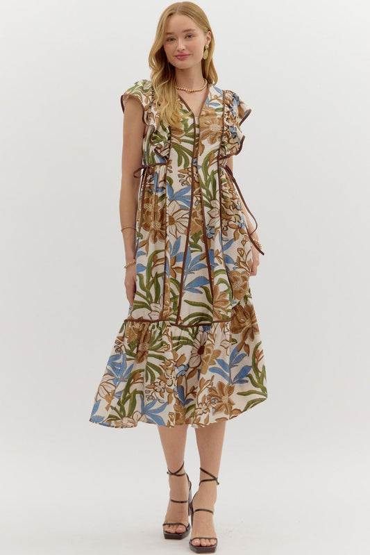 Botanical Print Flutter Sleeve Side Tie Midi Dress-Brown
