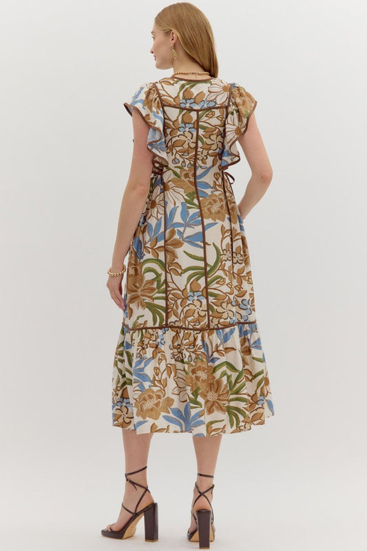 Botanical Print Flutter Sleeve Side Tie Midi Dress-Brown