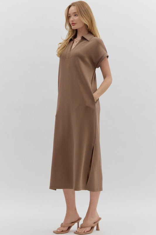Solid V-Neck Short Sleeve Collared Midi Dress