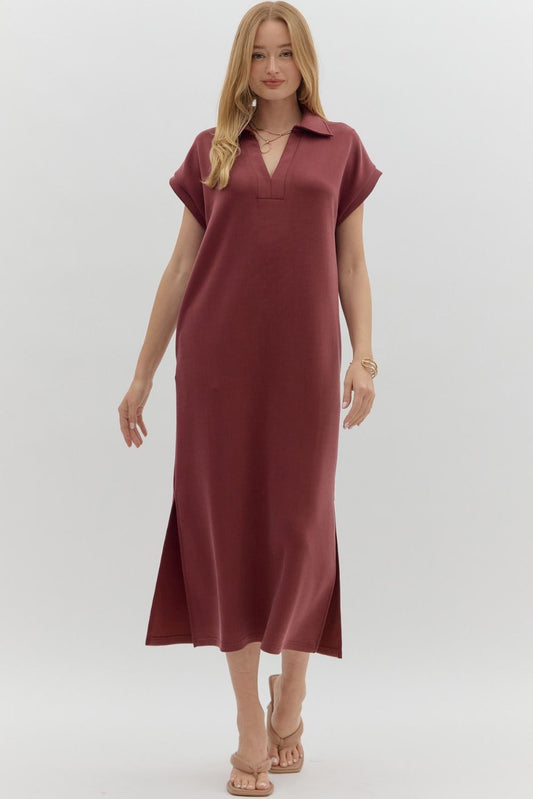 Solid V-Neck Short Sleeve Collared Midi Dress