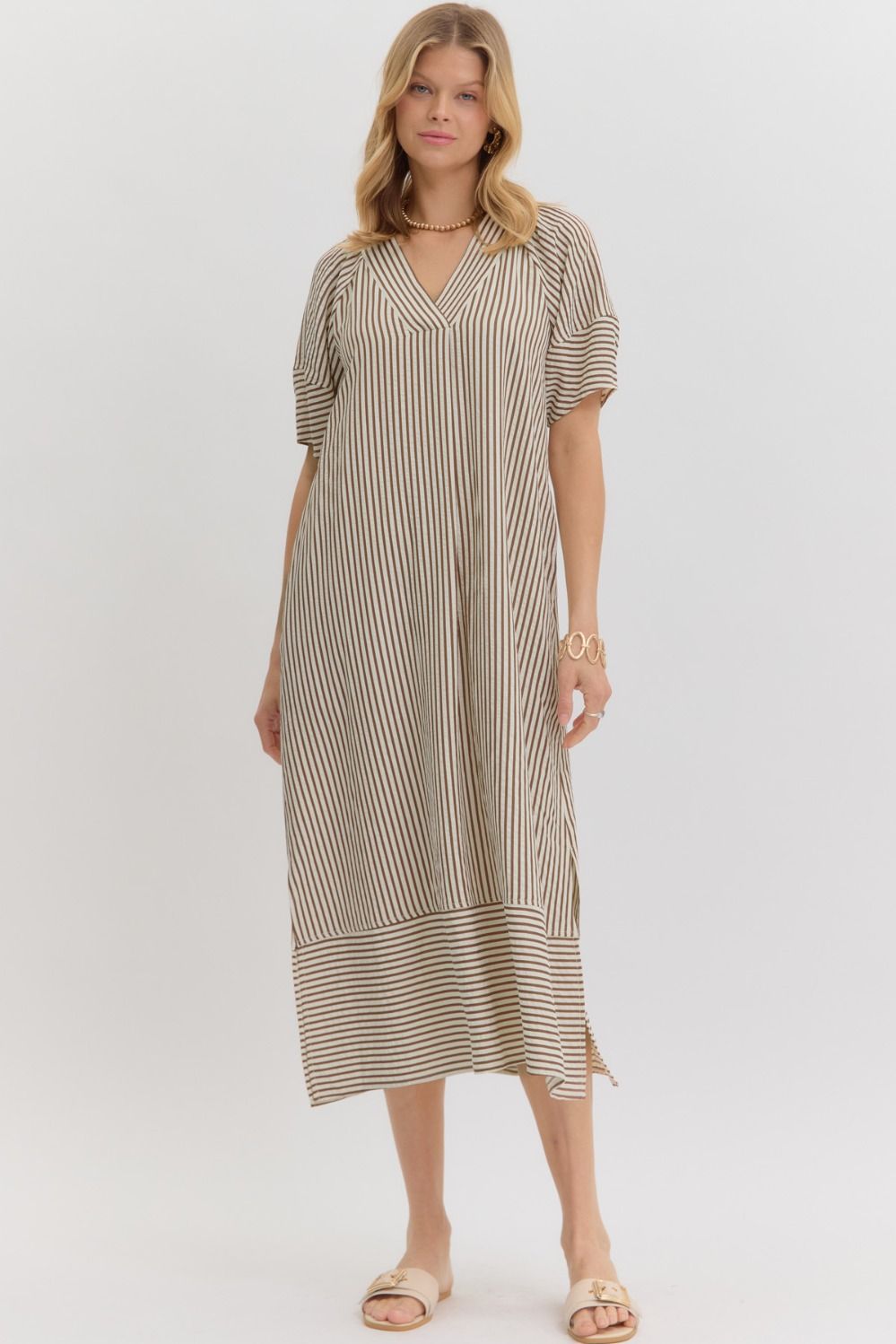 Contrast Stripes Textured V-Neck Midi Dress-Brown