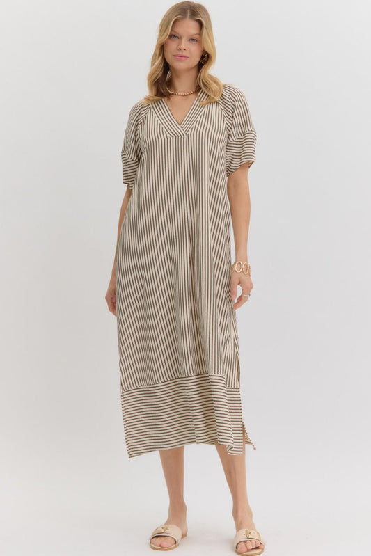 Contrast Stripes Textured V-Neck Midi Dress-Brown