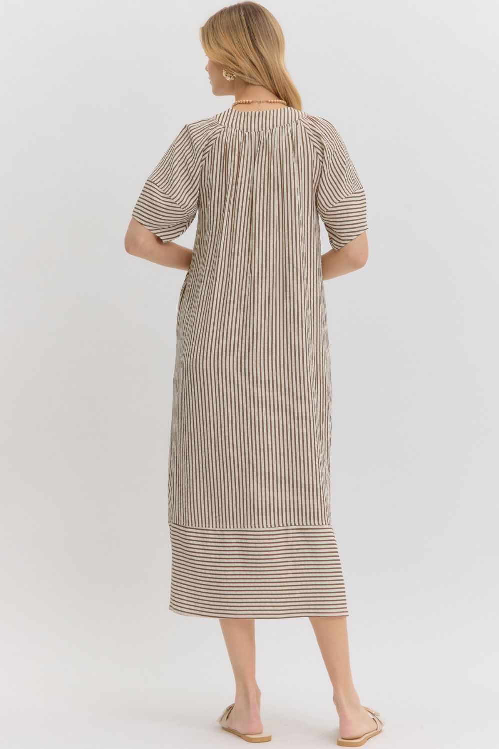 Contrast Stripes Textured V-Neck Midi Dress-Brown
