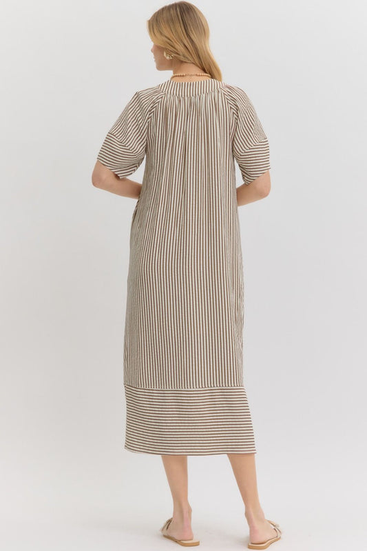 Contrast Stripes Textured V-Neck Midi Dress-Brown