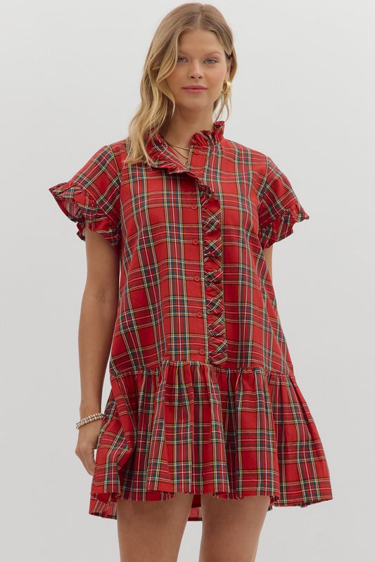 Plaid Ruffle Sleeve & Placket Dress-Red