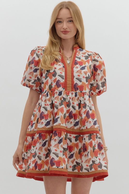 Floral Leaves Dress w/Color Strip Hem & Neck-Pumpkin