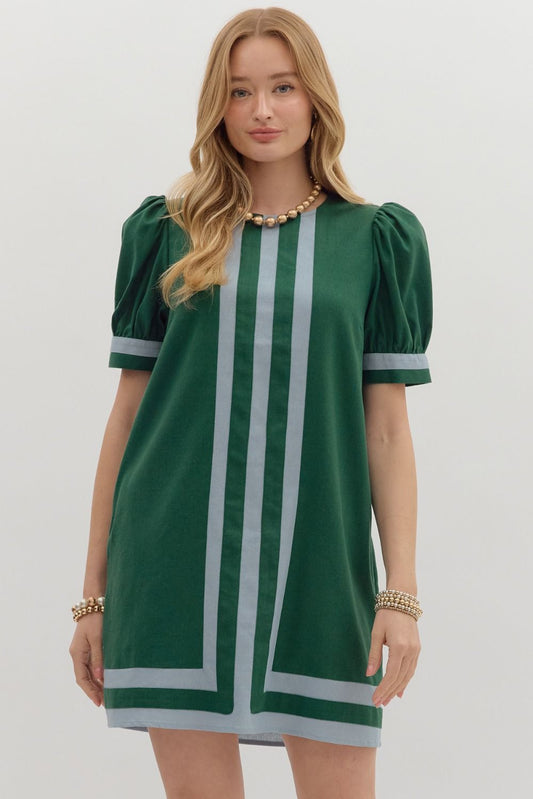 Contrast Border Stripe Puff Sleeve Dress-Green