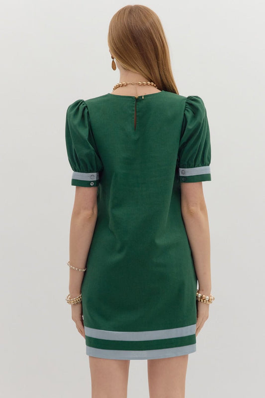 Contrast Border Stripe Puff Sleeve Dress-Green