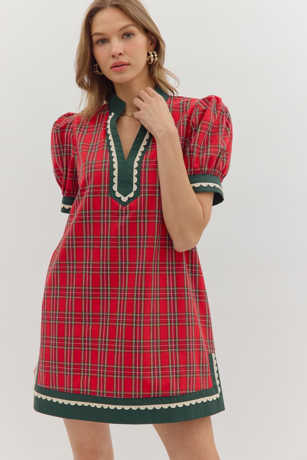 Plaid Puff Sleeve Scallop Inset Trim Dress-Red