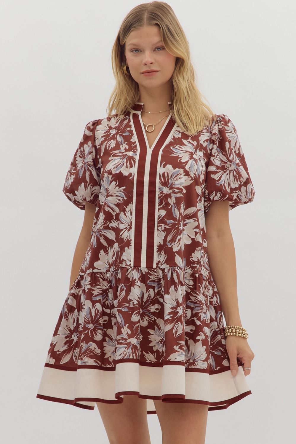 Floral Contrast Stripe Placket & Hem Dress-Burgundy