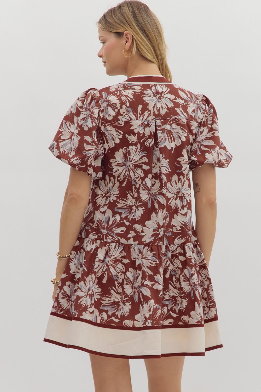 Floral Contrast Stripe Placket & Hem Dress-Burgundy