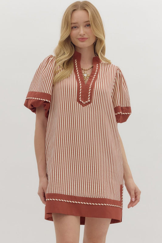 Striped Lantern Sleeve Caftan Split Collar Dress-Brick