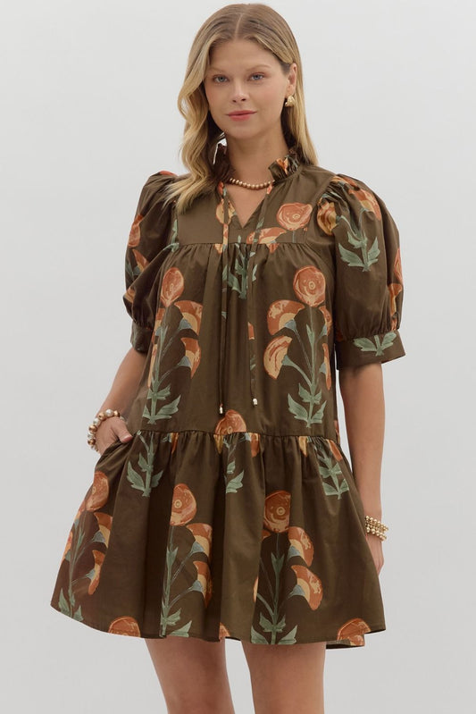 Floral Banded Puff Sleeve Tie Neck Dress- Brown