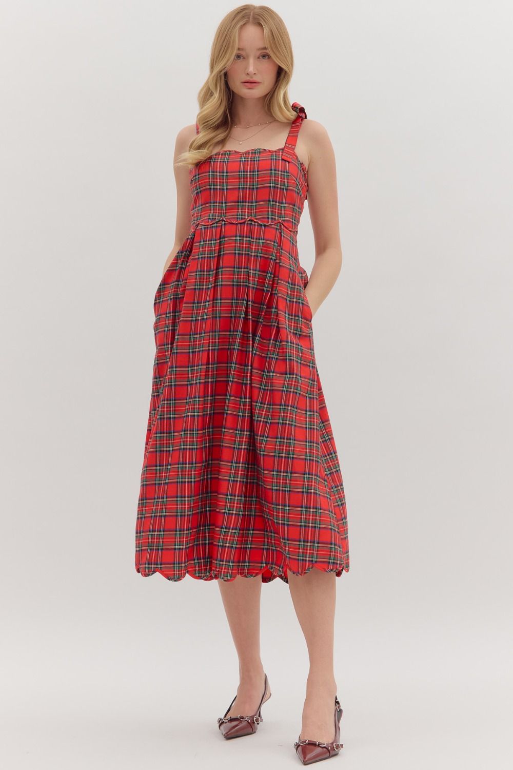 Plaid Sleeveless Tie Shoulder Scallop Edge Midi Dress- Red