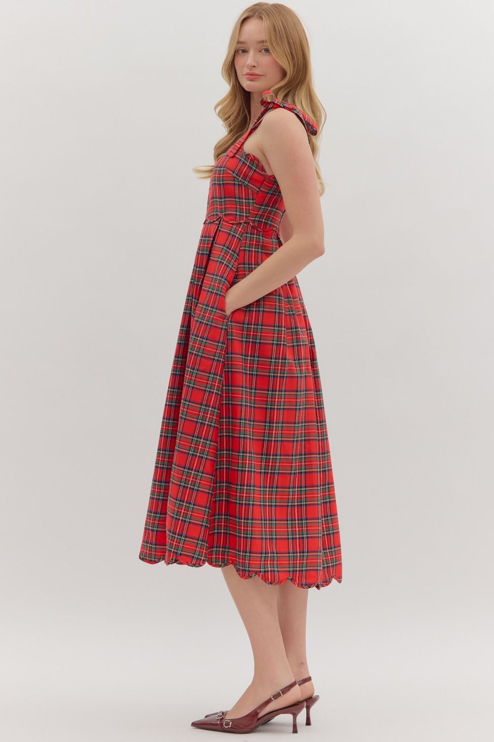 Plaid Sleeveless Tie Shoulder Scallop Edge Midi Dress- Red