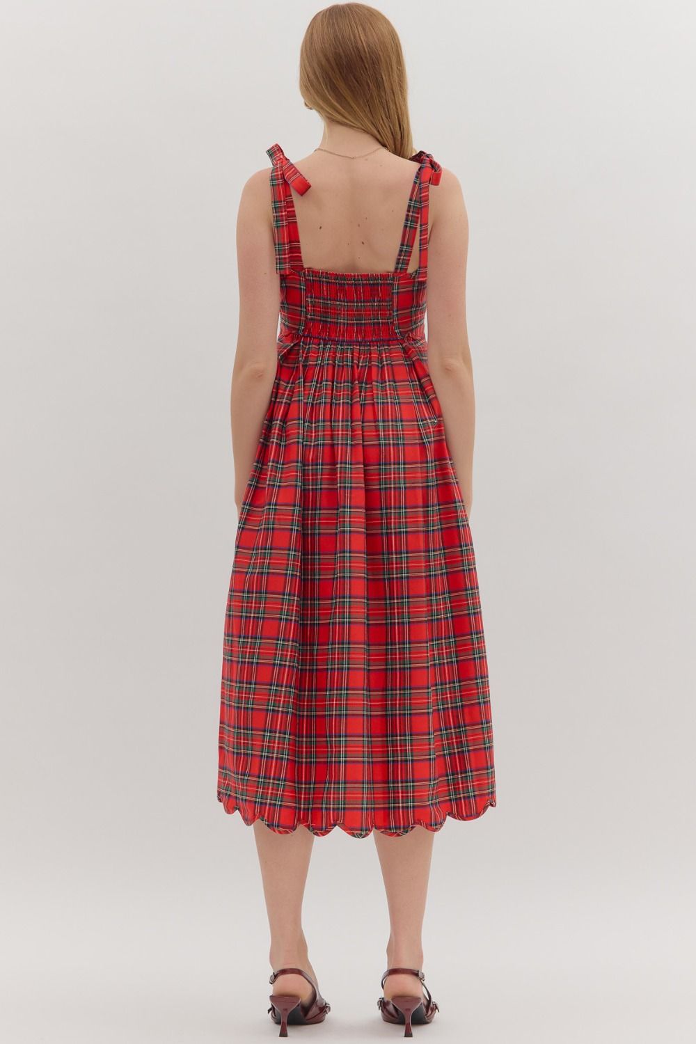 Plaid Sleeveless Tie Shoulder Scallop Edge Midi Dress- Red