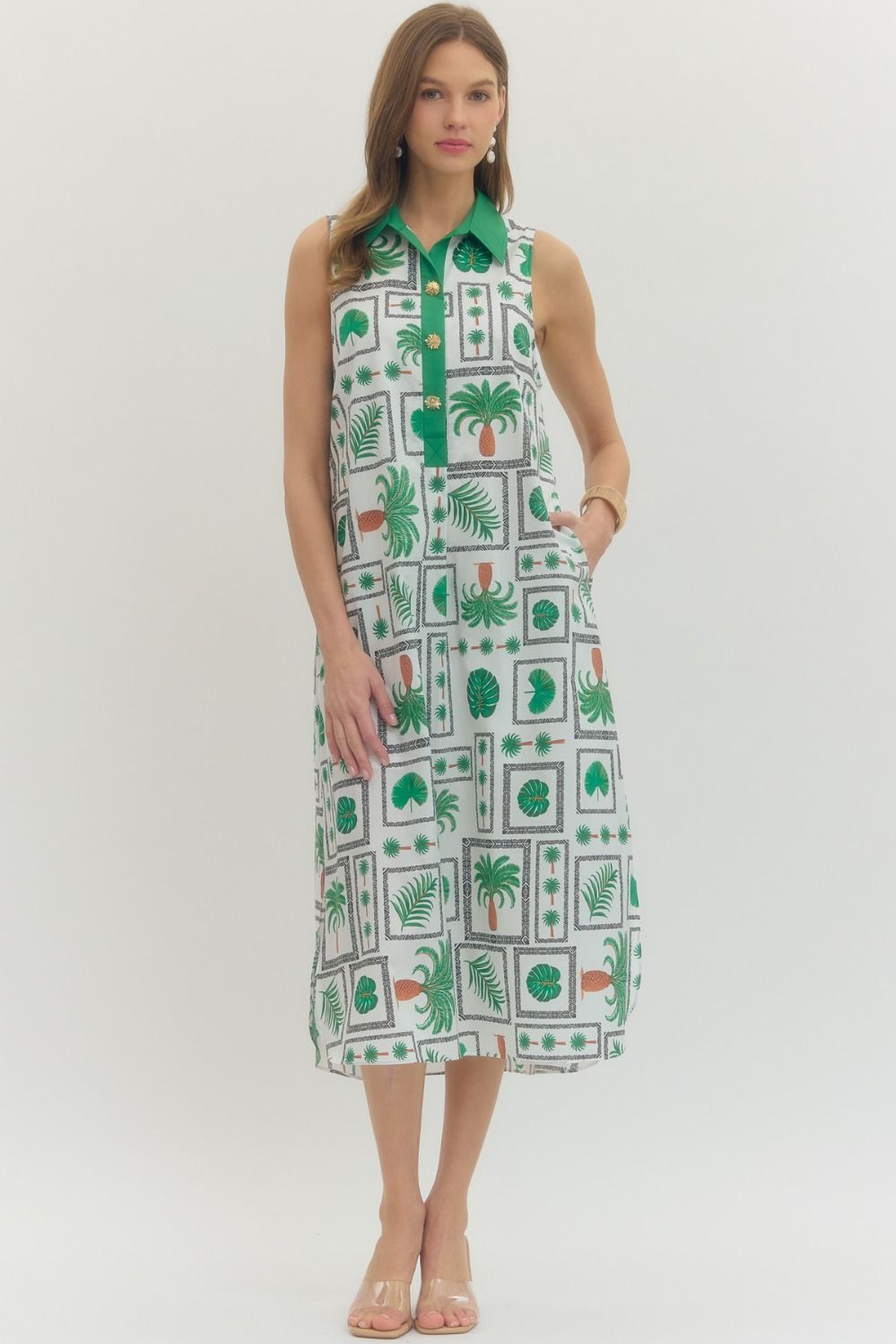 Sleeveless Botanical Stamp Print Collared Midi Dress