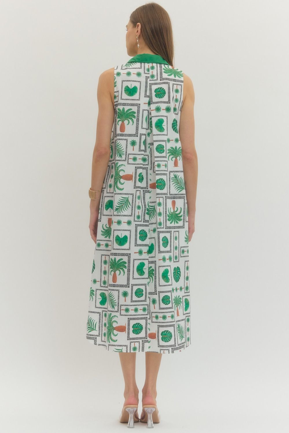 Sleeveless Botanical Stamp Print Collared Midi Dress