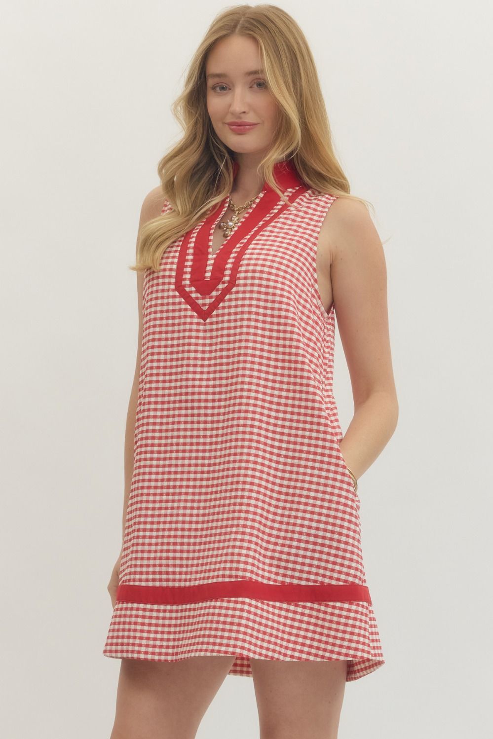 Sleeveless Gingham Contrast V-Neck Trim Dress