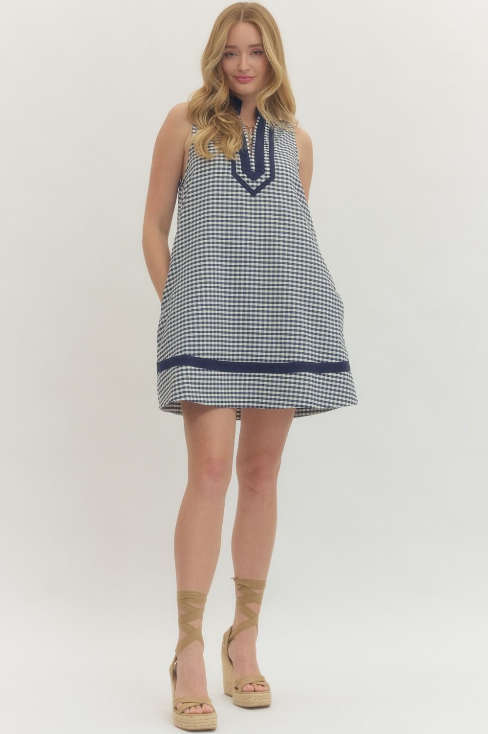 Sleeveless Gingham Contrast V-Neck Trim Dress