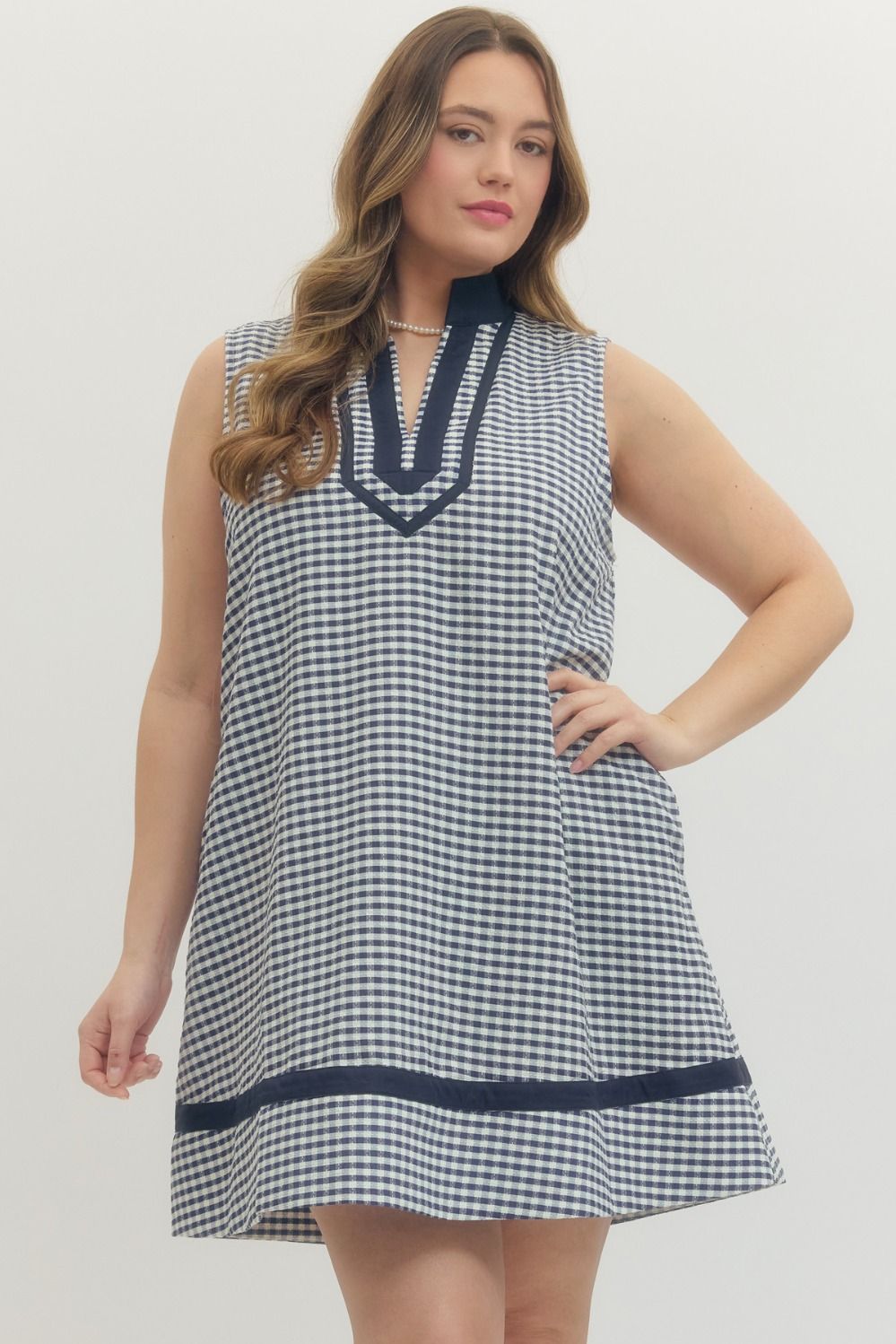 Sleeveless Gingham Contrast V-Neck Trim Dress
