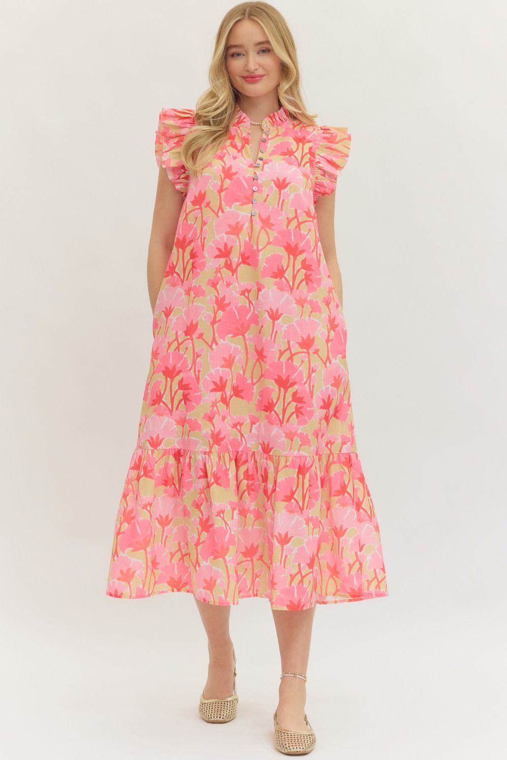 Floral Flutter Sleeve Ruffle Button Neck Midi Dress-Pink