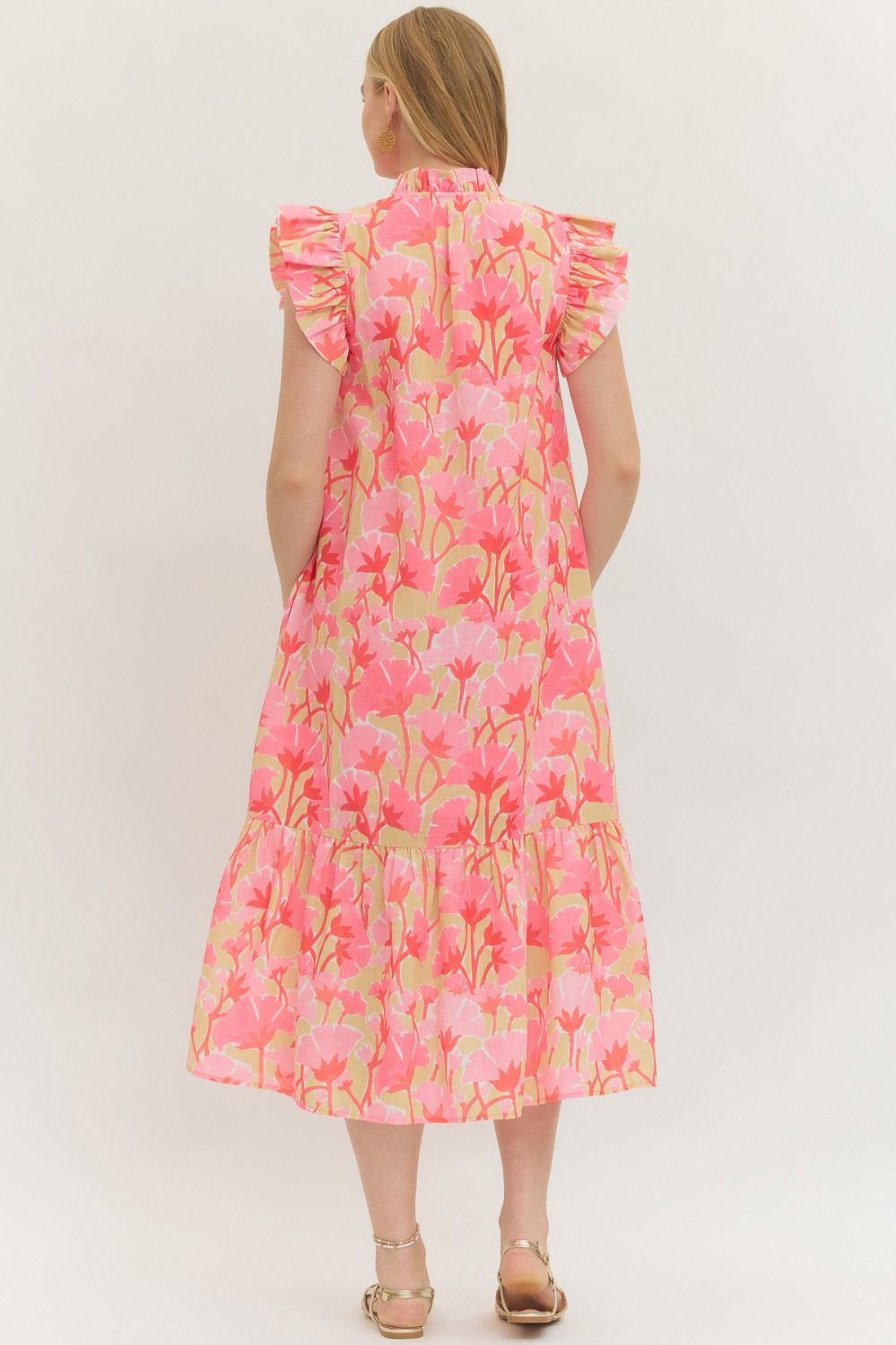 Floral Flutter Sleeve Ruffle Button Neck Midi Dress-Pink