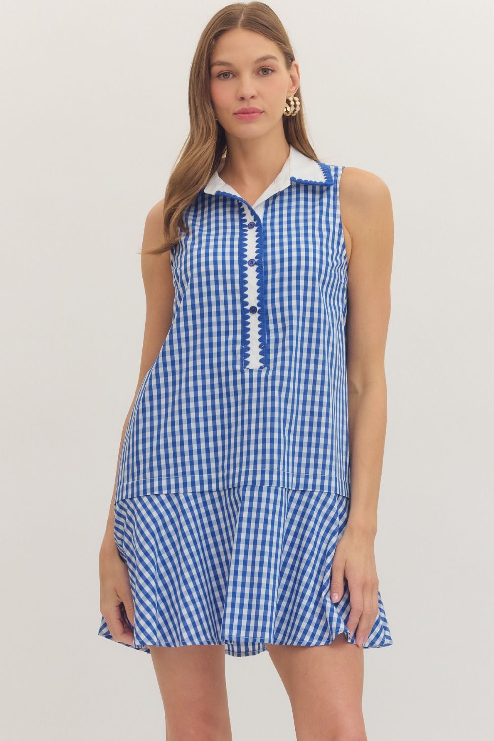 Gingham Sleeveless Collared Button Placket Dress