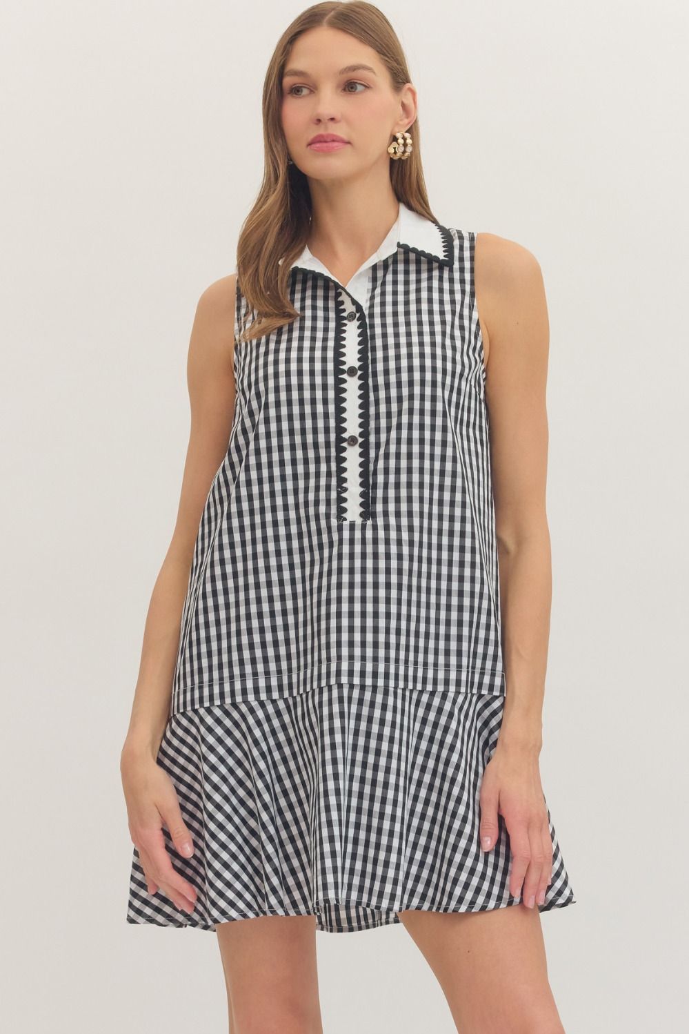Gingham Sleeveless Collared Button Placket Dress