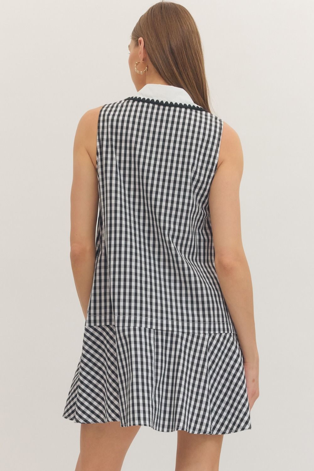 Gingham Sleeveless Collared Button Placket Dress
