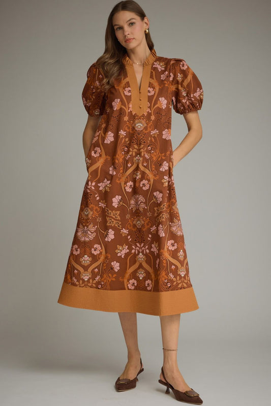 Floral Scroll Puff Sleeve Contrast Band Midi Dress-Terra Cotta