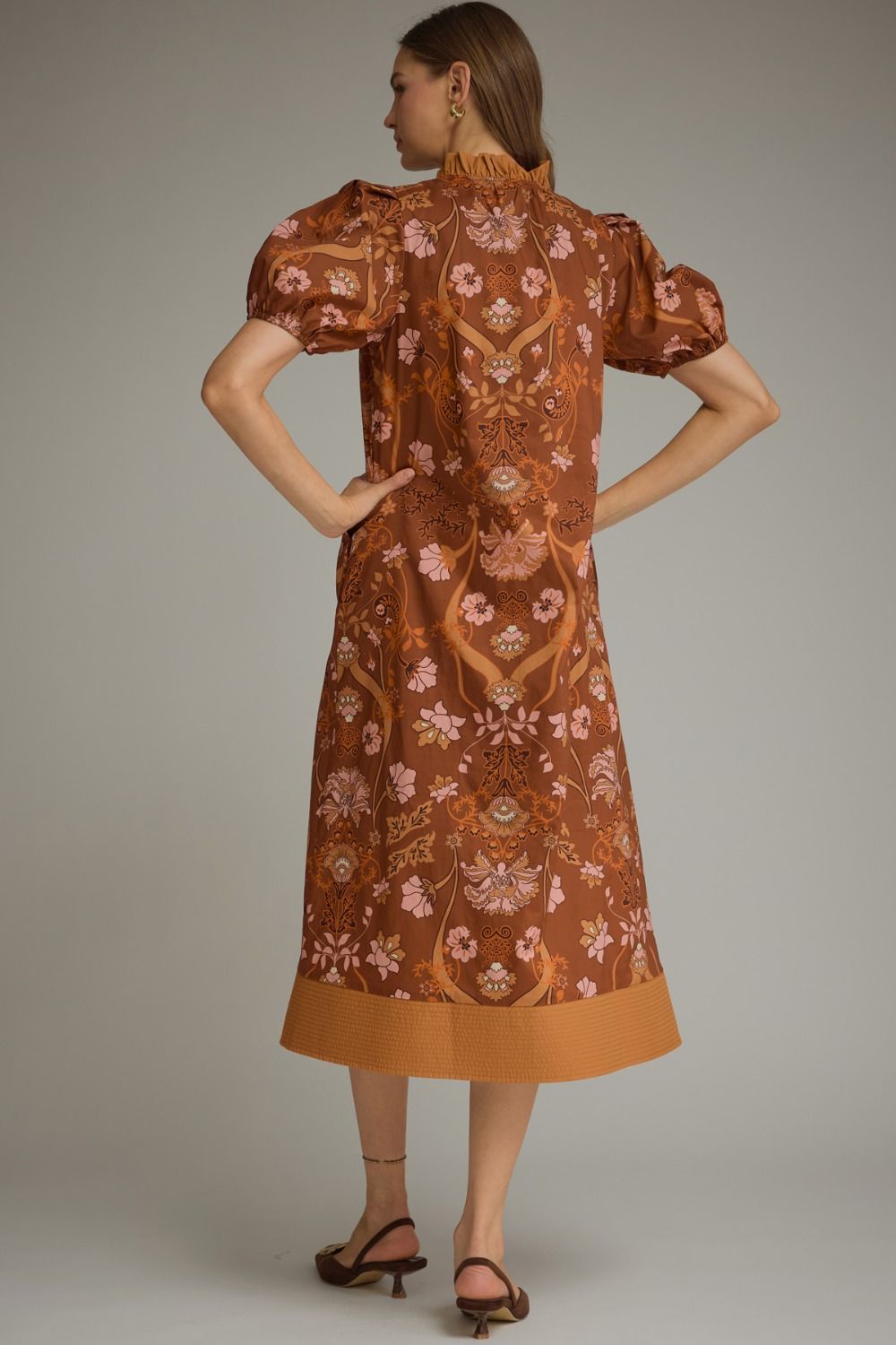 Floral Scroll Puff Sleeve Contrast Band Midi Dress-Terra Cotta