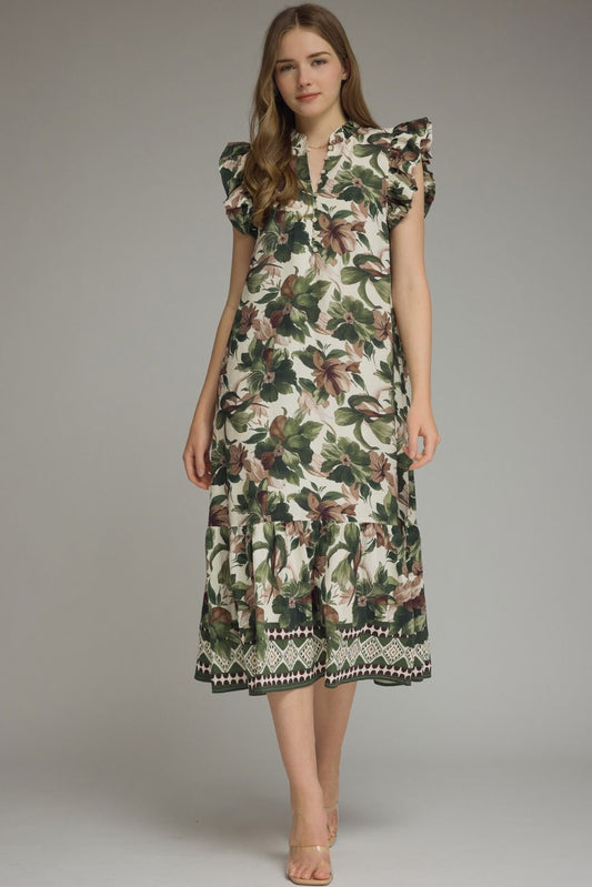 Floral Button Ruffle Sleeve Border Hem Midi Dress-Olive