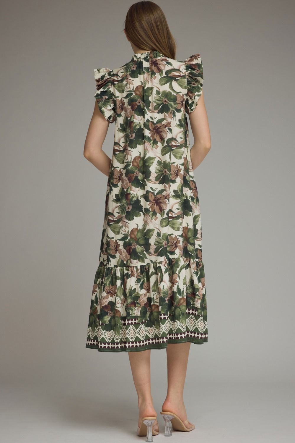 Floral Button Ruffle Sleeve Border Hem Midi Dress-Olive