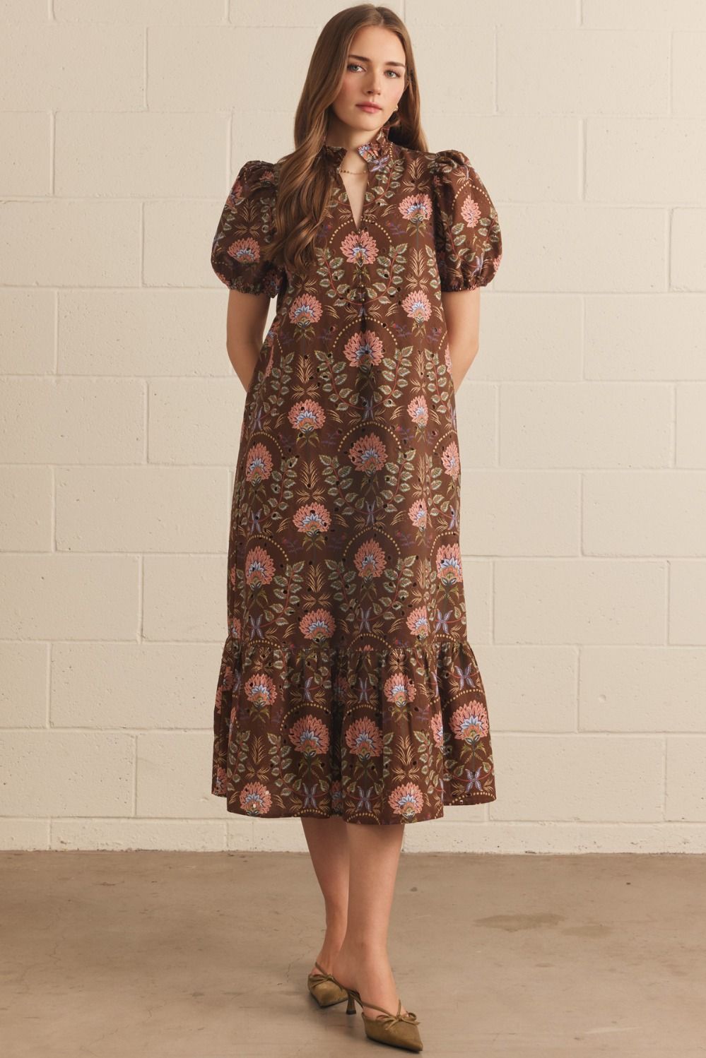 Floral Eyelet Puff Sleeve Ruffle Midi Dress-Brown