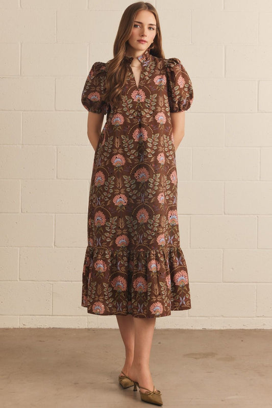 Floral Eyelet Puff Sleeve Ruffle Midi Dress-Brown