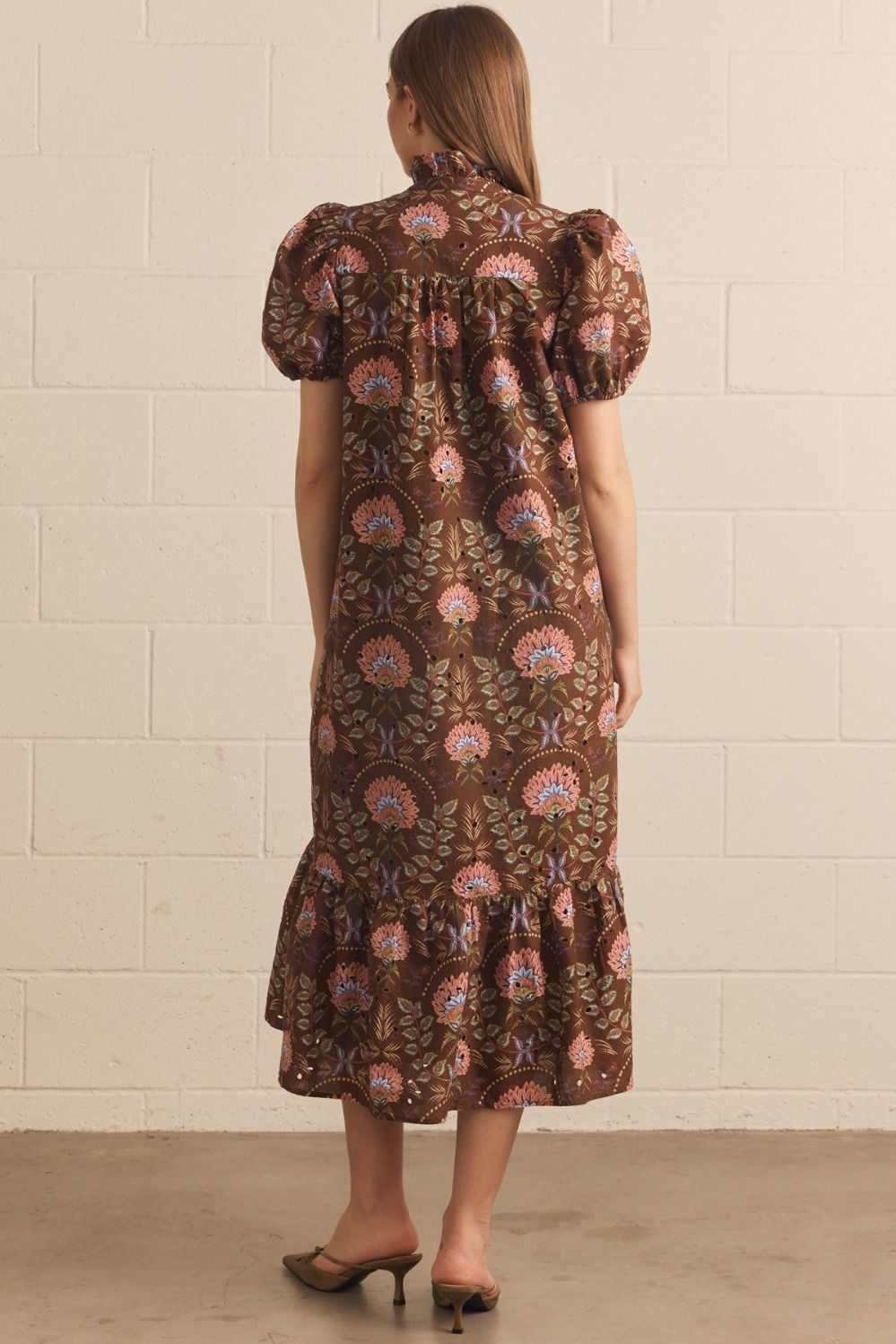 Floral Eyelet Puff Sleeve Ruffle Midi Dress-Brown