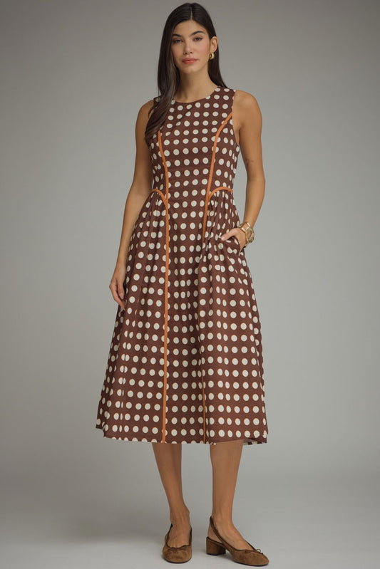 Sleeveless Polka Dot Contrast Piping Midi Dress-Brown