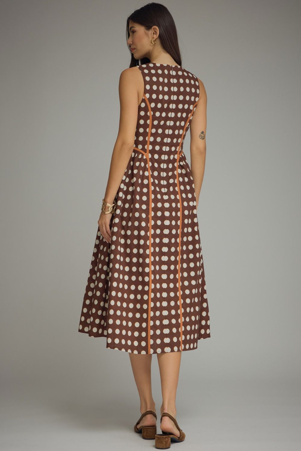 Sleeveless Polka Dot Contrast Piping Midi Dress-Brown