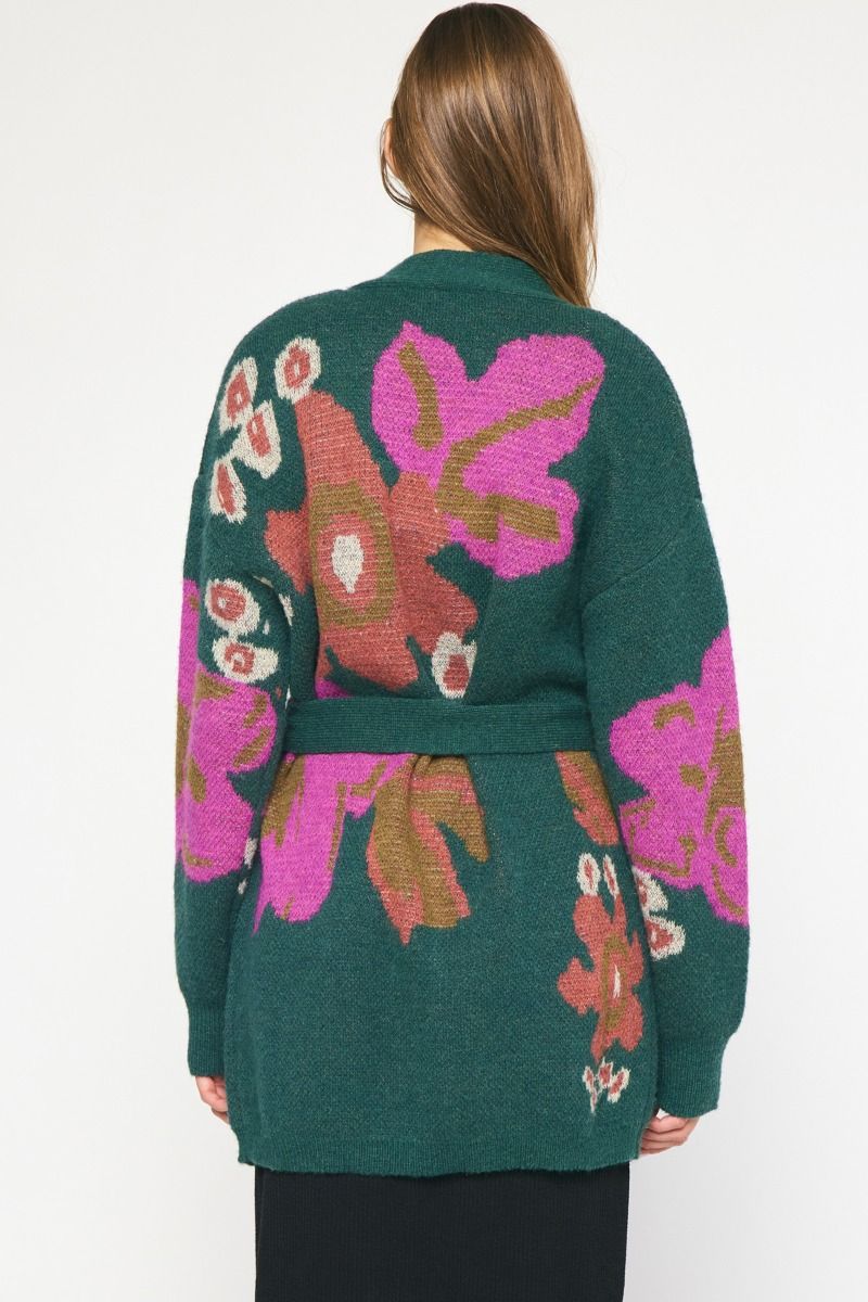 Floral Self Tie Cardigan Sweater- Hunter Green