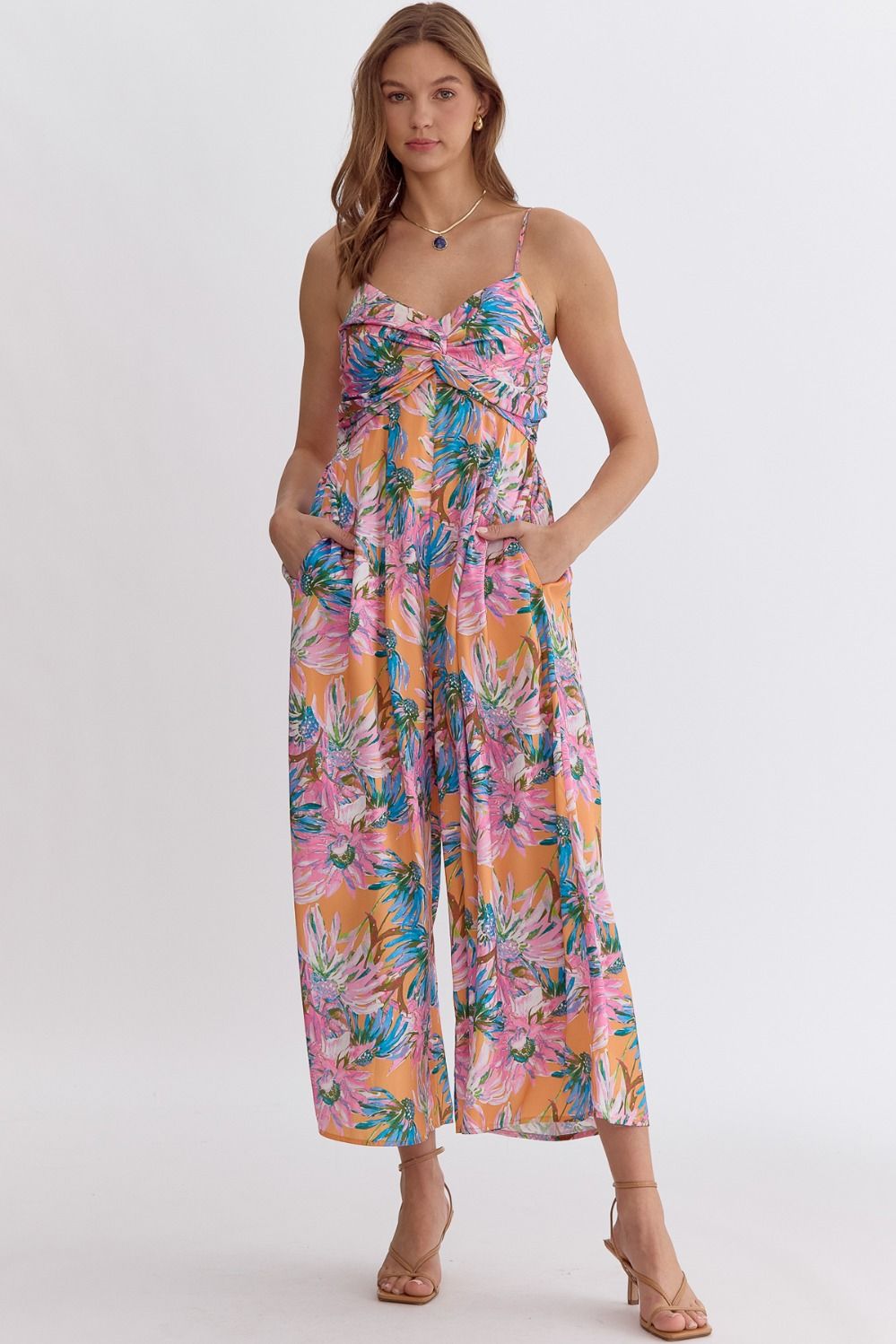 Floral Twist Top Smocked Back Jumpsuit - Orange