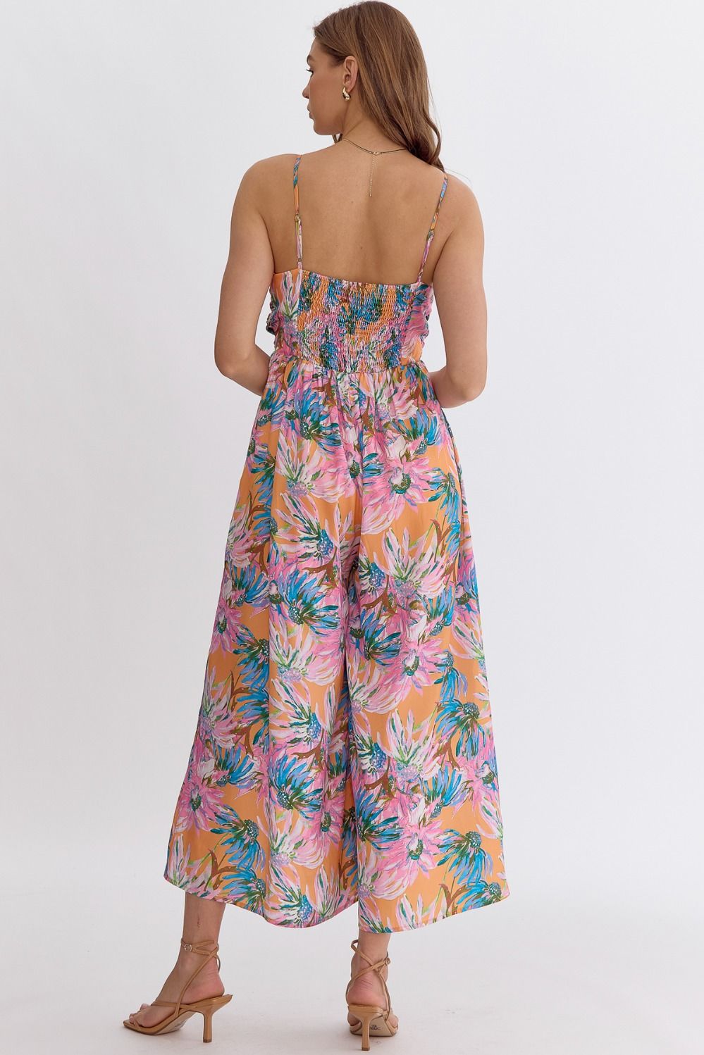 Floral Twist Top Smocked Back Jumpsuit - Orange