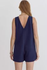 Sleeveless Textured Front Pocket Romper - Navy