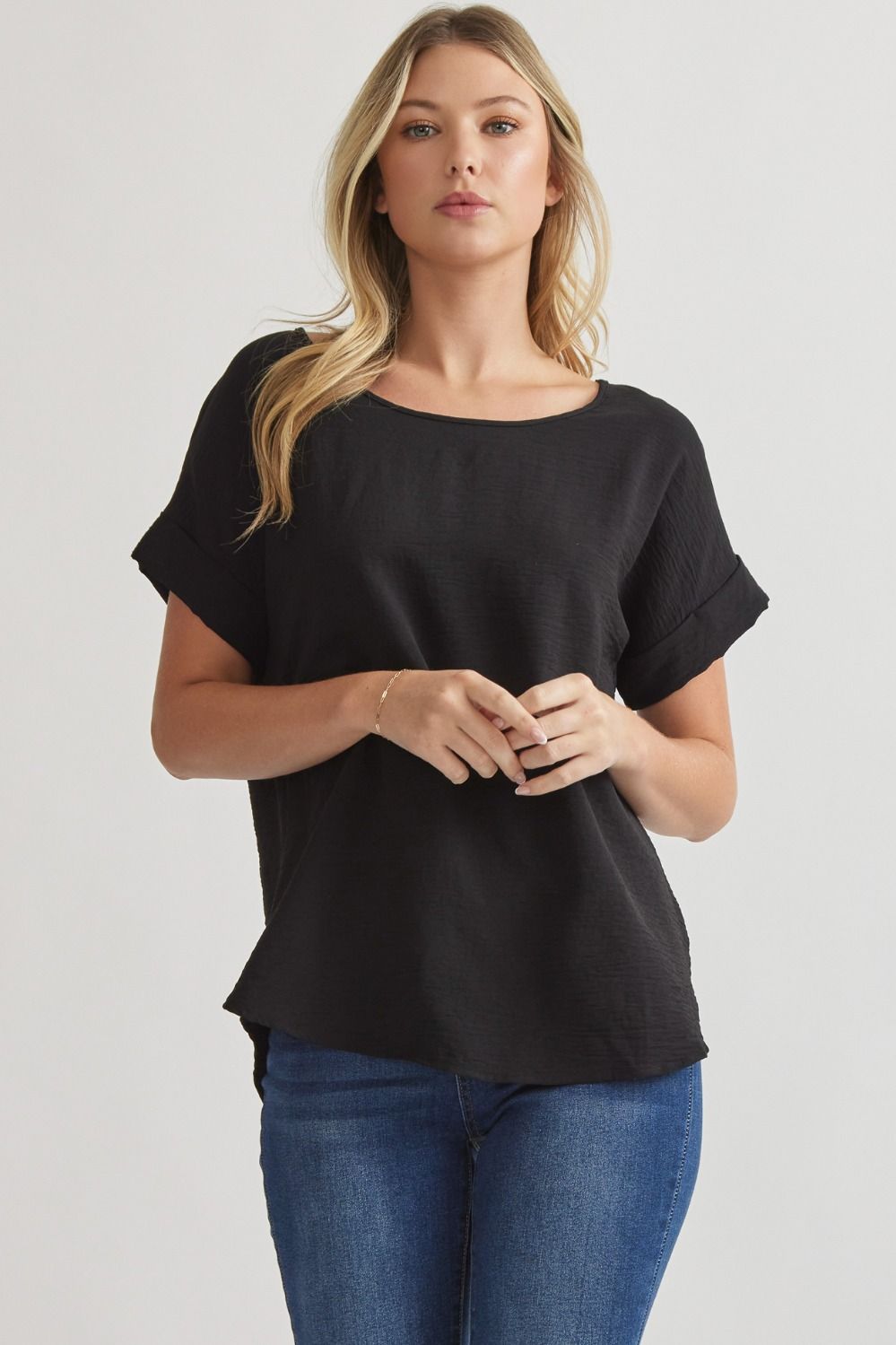 Solid Scoop Neck Cuff Sleeve Top - Fall