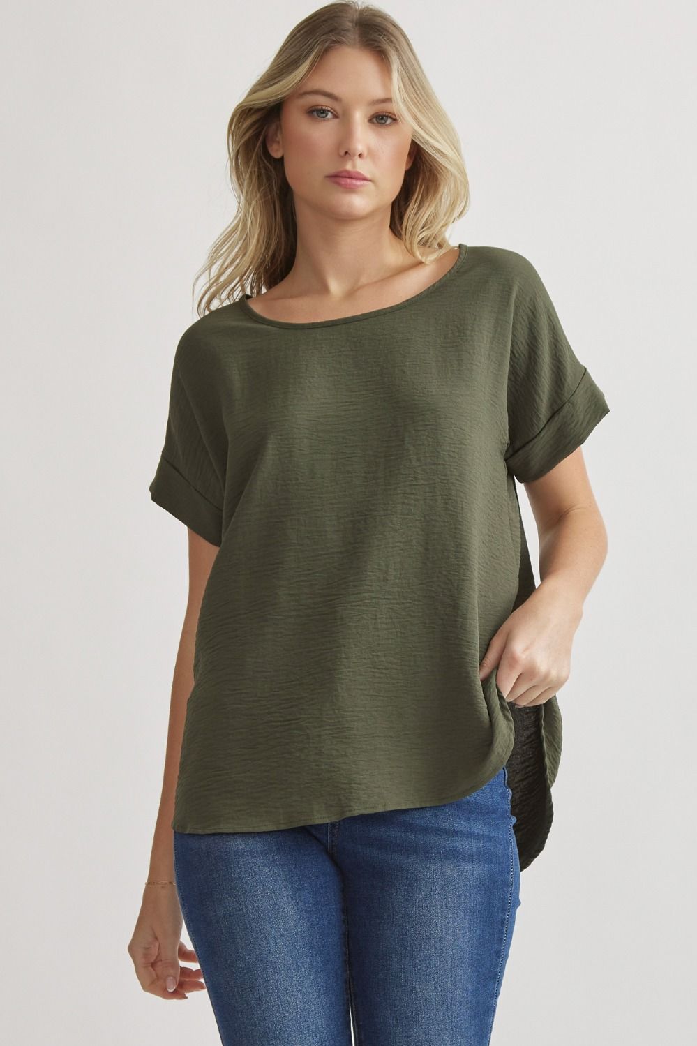 Solid Scoop Neck Cuff Sleeve Top - Fall