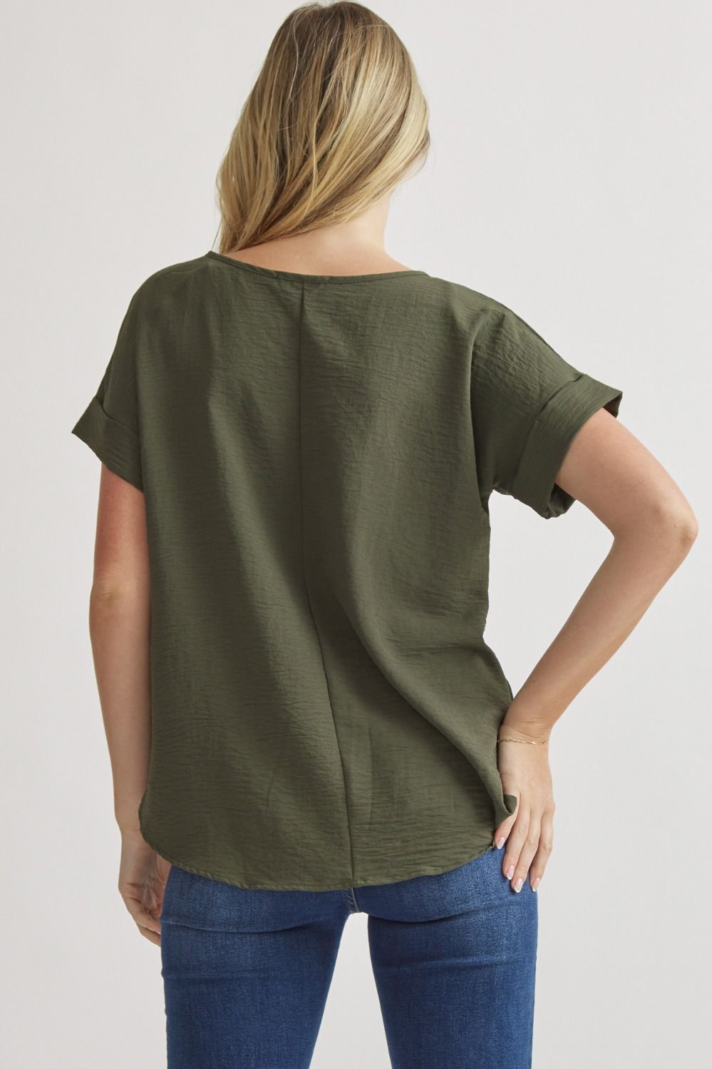 Solid Scoop Neck Cuff Sleeve Top - Fall