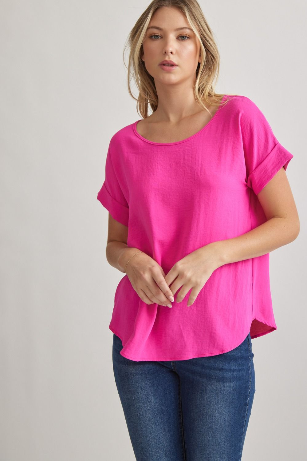 Solid Scoop Neck Cuff Sleeve Top